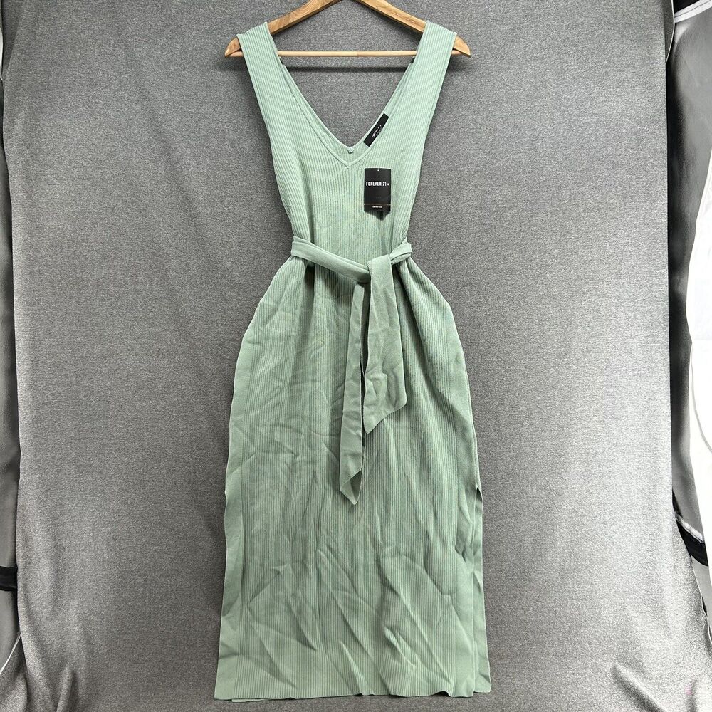 NWT Forever 21 3X Sage Green Ribbed Knit Belted Tank Midi Dress Sleeveless Plus